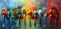 Colorful aromatic spices and herbs in vintage silver spoons arranged in row on multicolored background with water drops, dramatic food photography for restaurant menu.