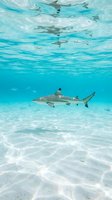 Blacktip reef shark swimming in crystal clear turquoise waters over sandy bottom with sunlight filtering through surface creating ripple patterns underwater.