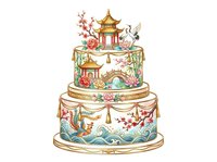 Ornate tiered wedding cake with Asian-inspired pagoda topper, gold accents, floral decorations, and hand-drawn artistic style. Perfect for celebration designs.