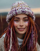 Young woman with dreadlocks and glitter freckles wearing knitted winter beanie smiles warmly at camera, showcasing natural beauty and bohemian style outdoors.