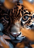 Close-up portrait of jaguar face showing intense amber eyes and detailed spotted fur pattern against blurred natural background, highlighting wild feline features.