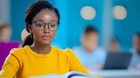 Young African American female student wearing glasses and yellow sweater studying at desk in classroom with blurred background and soft lighting effect.