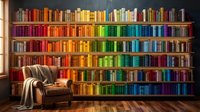 Cozy reading corner with rainbow organized bookshelf wall featuring colorful books arranged by hue, comfortable armchair and warm lighting for home library design.