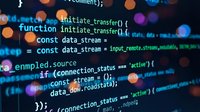 Programming code on computer screen with colorful bokeh lights background for software development and technology projects.