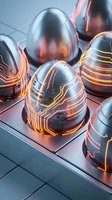 Futuristic metallic eggs with glowing orange circuit lines on a sleek platform, blending technology and sci-fi concepts for modern design projects.