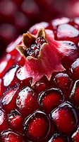 Fresh ripe pomegranate macro shot showing juicy red seeds with water drops and crown detail against dark background, suitable for food marketing and packaging.