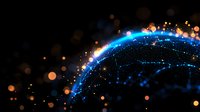 Glowing blue curve with orange light particles on dark background creates futuristic abstract composition for technology and science concepts.