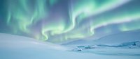 Spectacular northern lights aurora borealis dancing across winter sky over snow-covered arctic landscape with rolling hills and pristine wilderness terrain.