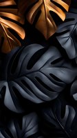 Gold and black monstera leaves creating dramatic contrast with shadows and light on dark background, modern minimal botanical composition.