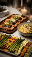 Grilled salmon dinner with roasted vegetables and pasta on elegant table setting with candles for romantic dining experience at home.