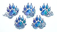 Animal paw prints with blue watercolor swirls and ornamental details, isolated on white background. Suitable for pet business logos, t-shirt designs, and clipart applications.