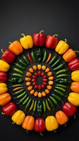Colorful bell peppers and chili peppers arranged in circular mandala pattern on dark background for healthy cooking and food design projects.