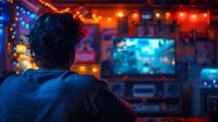 Young Asian male gamer playing video games in dark room with neon lighting and TV screen, view from behind. Cozy gaming setup with colorful ambient lights and bokeh effects.