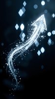 Glowing upward arrow made of luminous particles and digital elements on dark background, symbolizing growth, success, and financial progress for business presentations.