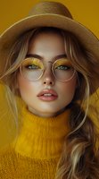Young woman in round glasses and straw hat wearing yellow sweater against yellow background, with bright makeup and green eyes looking at camera. Fashion portrait.