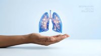 Human hand protecting glowing blue lungs with cosmic pattern representing respiratory health care and medical protection concept for wellness campaigns.
