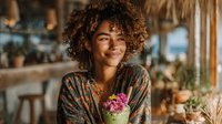 Young African American woman with curly hair smiling in cozy cafe, wearing patterned top, with colorful flowers on table, warm natural lighting creates inviting atmosphere.