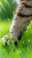 Closeup of striped animal paw with claws resting in lush green grass and foliage, suitable for wildlife and nature editorial projects.