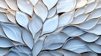 Abstract floral pattern with layered white and light blue petals creating dimensional wall art effect. Modern architectural detail with organic shapes and soft shadows.