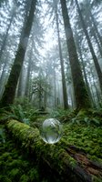Crystal sphere reflecting forest on moss-covered log in misty woodland. Environmental conservation and nature protection concept for sustainability campaigns.