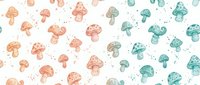 Watercolor mushroom seamless pattern in coral and teal colors with scattered dots, perfect for fabric design, wallpaper and decorative backgrounds.