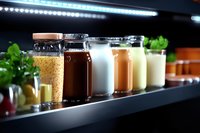 Glass jars with various sauces, dressings and condiments arranged in row on dark shelf with LED lighting, fresh herbs in background for restaurant kitchen.