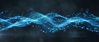 Digital blue wave with glowing particles and light trails flowing across dark background for technology and data visualization projects.