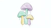 Pastel watercolor mushrooms with dripping paint effect, soft mint, purple and yellow tones on white background, isolated for design use.