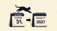 Silhouette of cat jumping over calendar pages from December 31st to January 1st 2027, symbolizing New Year transition and fresh start for holiday planning.