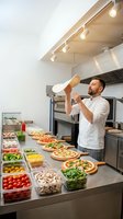 Professional male chef tossing pizza dough in modern commercial kitchen with fresh ingredients and prepared pizzas on stainless steel counter.