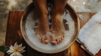 Relaxing foot bath with bubbles and frangipani flower in wooden bowl. Spa treatment scene with towel and natural elements in warm ambient lighting.
