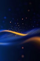 Abstract wavy lines in deep blue and gold creating dynamic motion with floating particles and bokeh effects against dark background. Suitable for tech presentations.