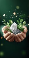 Cupped hands holding crystal quartz and fresh herbs with magical sparkles on dark green background. Spiritual healing concept with natural elements and mystical glow.