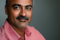 Portrait of middle-aged South Asian man with salt and pepper beard wearing pink shirt against neutral gray background, conveying confidence and approachability.