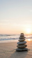 Zen stone stack balanced on beach sand at golden sunset with ocean waves creating peaceful meditation and mindfulness atmosphere for wellness concepts.