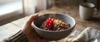 Person holding bowl of quinoa with red currant berries and granola for healthy breakfast or nutritious meal preparation.