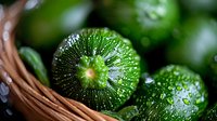 Fresh round zucchini with water drops in woven basket, close-up view showing vibrant green skin texture and natural organic produce.