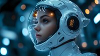 Young woman in futuristic white space helmet with glowing display interface against dark background with bokeh lights, profile view showing determined expression.