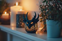 Decorative metal candle holder with intricate cutout patterns creates warm ambient lighting alongside white candles and houseplants on shelf.
