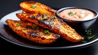 Grilled sweet potato wedges with charred edges and caramelized surface served on black plate with creamy pink dipping sauce and fresh herbs garnish.