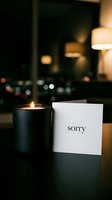 Lit black candle beside a sorry greeting card on dark table with blurred city lights bokeh background, moody apology concept.