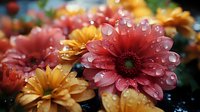 Fresh pink and orange gerbera daisies with water drops on petals in garden, macro photography showing morning dew against dark background, floral nature.