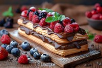 Chocolate eclair with fresh berries and mint leaves on wooden board, layered pastry filled with cream and topped with dark chocolate ganache.