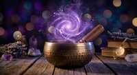 Mystical singing bowl with swirling purple galaxy energy and magical sparkles on wooden surface with crystals and ancient books for meditation and healing.