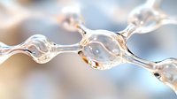 Macro photography of transparent liquid drops forming abstract chain pattern with light refraction and bokeh effect on soft beige and blue background.