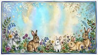 Watercolor illustration of rabbits and bunnies sitting among wildflowers and foliage in soft pastel tones, suitable for children's books and greeting cards.