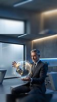 Mature businessman in suit holding glowing digital globe hologram in modern office representing global business technology and innovation.