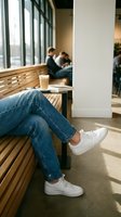 Person in jeans and white sneakers relaxing on wooden bench in modern cafe with coffee cup, natural lighting through large windows creating cozy atmosphere.