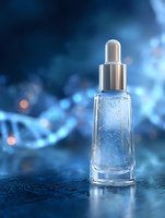 Glass dropper bottle with silver particles in blue serum against DNA helix background, cosmetic product photography for skincare and beauty advertising.