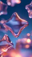 Glowing rose gold star shape with liquid metallic surface floating against deep blue background, soft bokeh lights create dreamy atmosphere. Macro photography style.